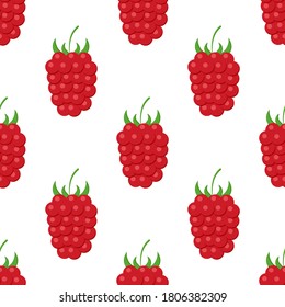 
Seamless pattern with bright and juicy tasty raspberries on a white background. Print for bed linen and fabrics, wrapping paper and wallpaper.
 Stock vector illustration for decoration and design.