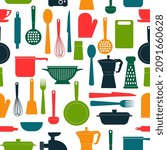 Seamless pattern with bright kitchen accessories. Kitchen utensils and cooking equipment. Vector illustration.