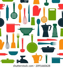 Seamless pattern with bright kitchen accessories. Kitchen utensils and cooking equipment. Vector illustration.