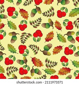 Seamless pattern with bright leaves and berries multicolored for autumn theme