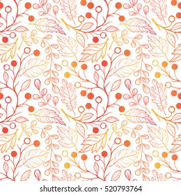 Seamless pattern. Bright pattern with leaves and berries in fall color. Beautiful hand drawn vector elements. Decorative background for greeting cards, prints, flyer, textile and more.