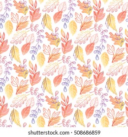 Seamless pattern. Bright pattern with leaves in fall colors. Colorful hand drawn stylized leaves. Beautiful template for greeting cards, prints, flyers, invitations, posters and more.