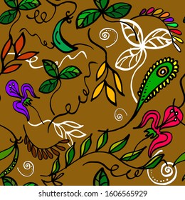 seamless pattern with bright leaves and flowers on a brown backgroud