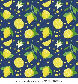 Nahtlose Muster heller Zitronen, handgezeichnete Elemente. Sommer. Gelbe Zitronen mit Blättern und Blumen auf dunklem Hintergrund. Limonade. Geeignet für Textilien und Verpackungen.