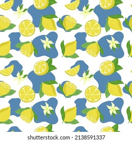 Seamless pattern of bright lemons, hand-drawn elements. Summer. Yellow lemons with leaves and flowers on white background. Lemonade. Suitable for textiles and packaging.