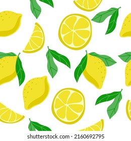 Seamless pattern of bright lemons, hand-drawn elements. Summer. Yellow lemons with leaves on white background. Whole lemons and halves. Lemonade. Suitable for textiles and packaging.