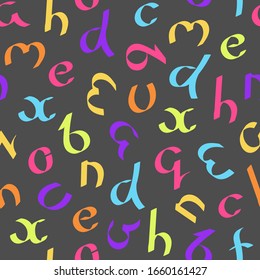 Seamless pattern of bright letters. Doodles hand-drawing. Letters on dark Background. Vector.