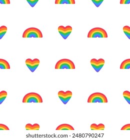 Seamless pattern of bright lgbt rainbow flag and heart isolated on white background. Symbol of the LGBT pride community.