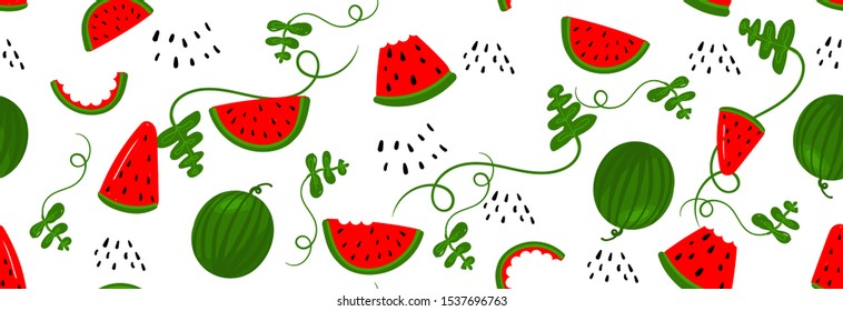 Seamless pattern bright light pattern with Watermelon, watermelon slices for fabric, drawing labels, print on t-shirt, wallpaper of children's room, fruit background. Vector summer seamless pattern.