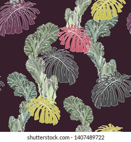 Seamless pattern with bright line monstera leaves and exotic cacti plants on dark background. 