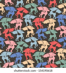 Seamless pattern of bright many horses. Bright seamless pattern of colored horse on a dark brown background.