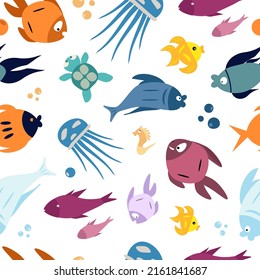 Seamless pattern with bright marine life on a white background