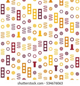 Seamless pattern with bright mechanical elements on a white background. Clockwork.