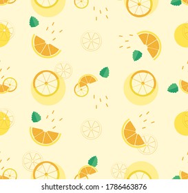 Seamless Pattern with Bright Mint Leaves, Orange Slices on a Yellow Colored Background. Fresh Lemonade Concept. Modern Abstract Design for Packaging, Print for Clothes, Fabric.