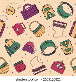 A seamless pattern of bright modern bags on a light background. Colorful stylish bags. Vector illustration.