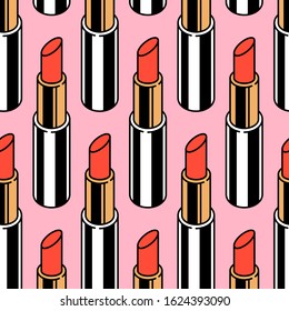 Seamless pattern of bright, modern, fashionable lipsticks. 