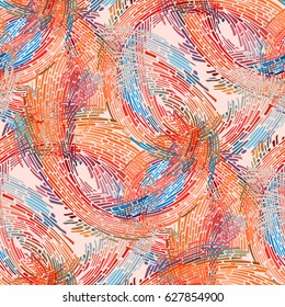 Seamless pattern with bright mosaic drawing in doodle style. Hand-drawn illustration. Vector.