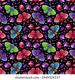 Seamless pattern with bright moths and orchid flowers, on a dark background