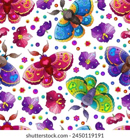 Seamless pattern with bright moths and orchid flowers, on a white background