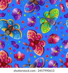Patrón sin costuras con polillas brillantes y flores de orquídea, sobre un fondo azul