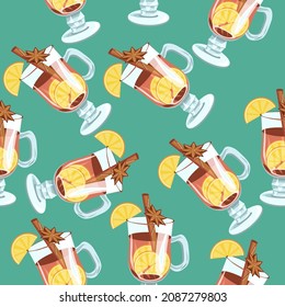Seamless pattern of bright mulled wine on a green background.Vector pattern can be used in restaurant designs,packaging,textiles.banners.