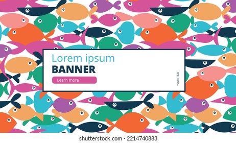 Seamless pattern of bright multi colorful fish of different shapes. Banner for web or print
