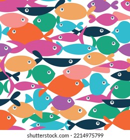 Seamless pattern of bright multi colorful fish of different shapes