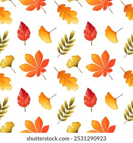Seamless pattern with bright multicolored autumn leaves. Maple, oak, birch, rowan, yellow, red orange leaf. Seamless pattern on a white background for autumn designs, fabrics, textiles, wrapping paper