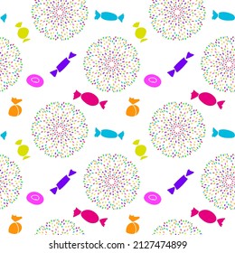 Seamless pattern with bright multi-colored candies and confetti on a white background. Cute vector design for wrapping paper, sweets packaging, sweet shop and cafe decoration, notebook covers, prints.