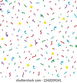 Seamless pattern with bright multicolored confetti and stars on a white background. Vector illustration