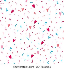 Seamless pattern with a bright multicolored confetti with a hearts on a white background. Vector illustration