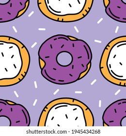 Seamless pattern with bright multicolored donuts, buns and sprinkles on a violet background. Vector cartoon doodle illustration for packaging, wallpaper. Purple and white donuts.