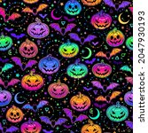 seamless pattern of bright multicolored haloween pumpkins and bats
