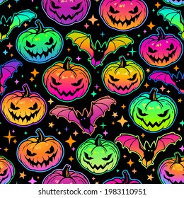 seamless pattern of bright multicolored haloween pumpkins