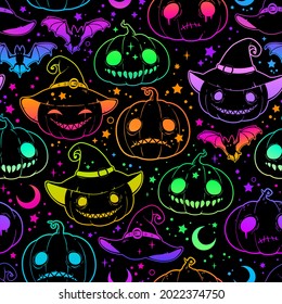 seamless pattern of bright multicolored haloween pumpkins and flying bats