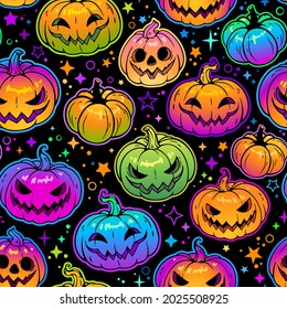 seamless pattern of bright multicolored haloween pumpkins