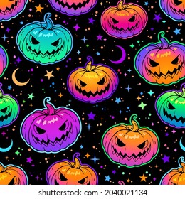 seamless pattern of bright multicolored haloween pumpkins