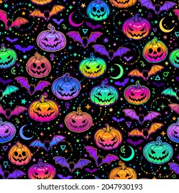 seamless pattern bright multicolored haloween pumpkins   bats