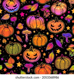 seamless pattern of bright multicolored haloween pumpkins