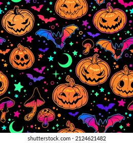 seamless pattern of bright multicolored haloween pumpkins and bats