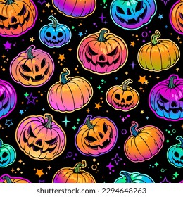 Seamless pattern of bright multicolored haloween pumpkins