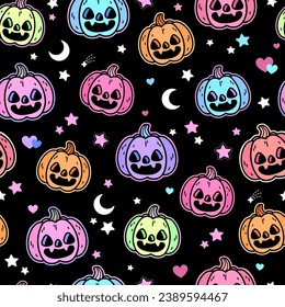 Seamless pattern of bright multicolored haloween pumpkins