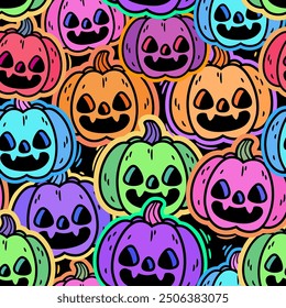 Seamless pattern of bright multicolored haloween pumpkins