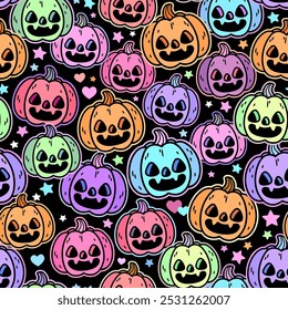 Seamless pattern of bright multicolored haloween pumpkins