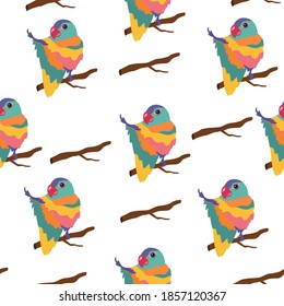 seamless pattern with bright multicolored parrot on a branch, endless texture for juicy design