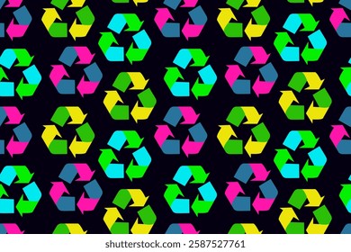 seamless pattern bright multicolored silhouettes of recycling sign for earth day, save nature, black background, web design, paper textile and postcard