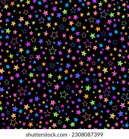 Patrón sin brillo de estrellas multicolor brillantes sobre un fondo negro