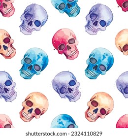 Seamless pattern with bright multicolored watercolor skulls. Background decor for halloween and day of the dead