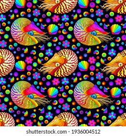 Seamless pattern with bright nautilus, shells and fish, animals on a dark background