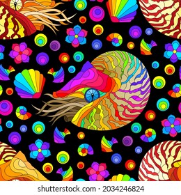 Seamless pattern with bright nautilus, shells and fish, animals on a black background